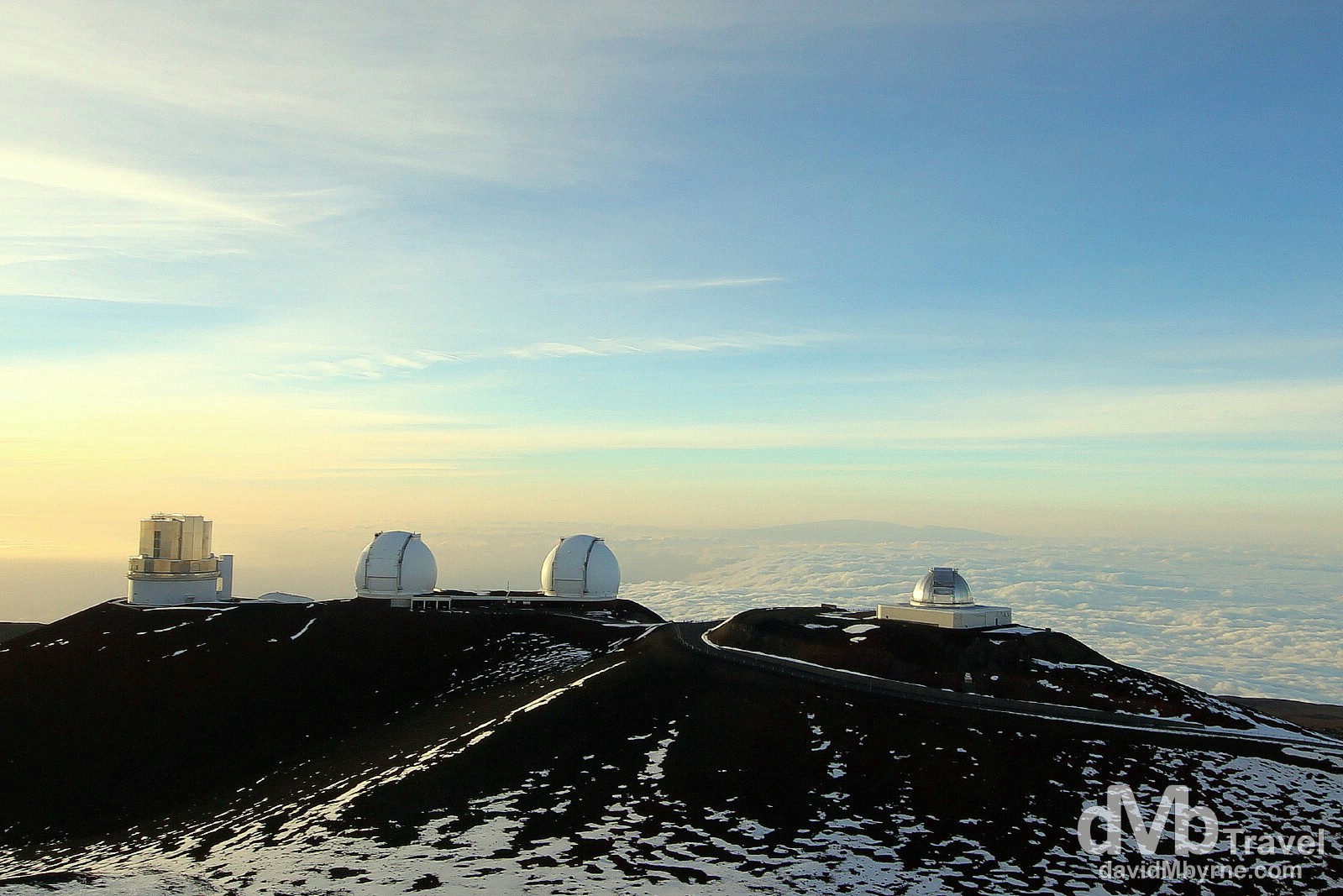 Observatories above the clouds atop Mauna Kea, the highest point in the Pacific, the Big Island of Hawaii, USA. March 3rd 2013.