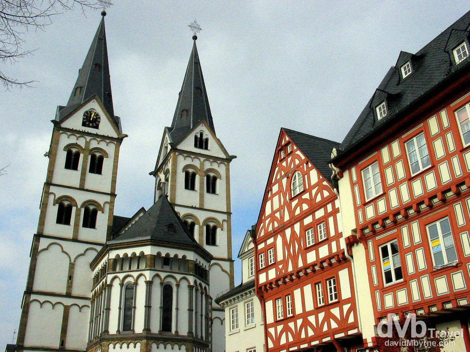 The twin towers of Saint Severus Church in Marktplatz, Boppard, Rhineland, in western Germany. February 18th 2005.
