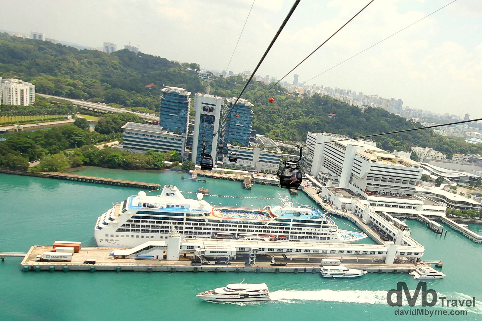 A cruise ship moored in Singapore harbour as seen from the Sentosa Island Cable Car. March 29th 2012. 