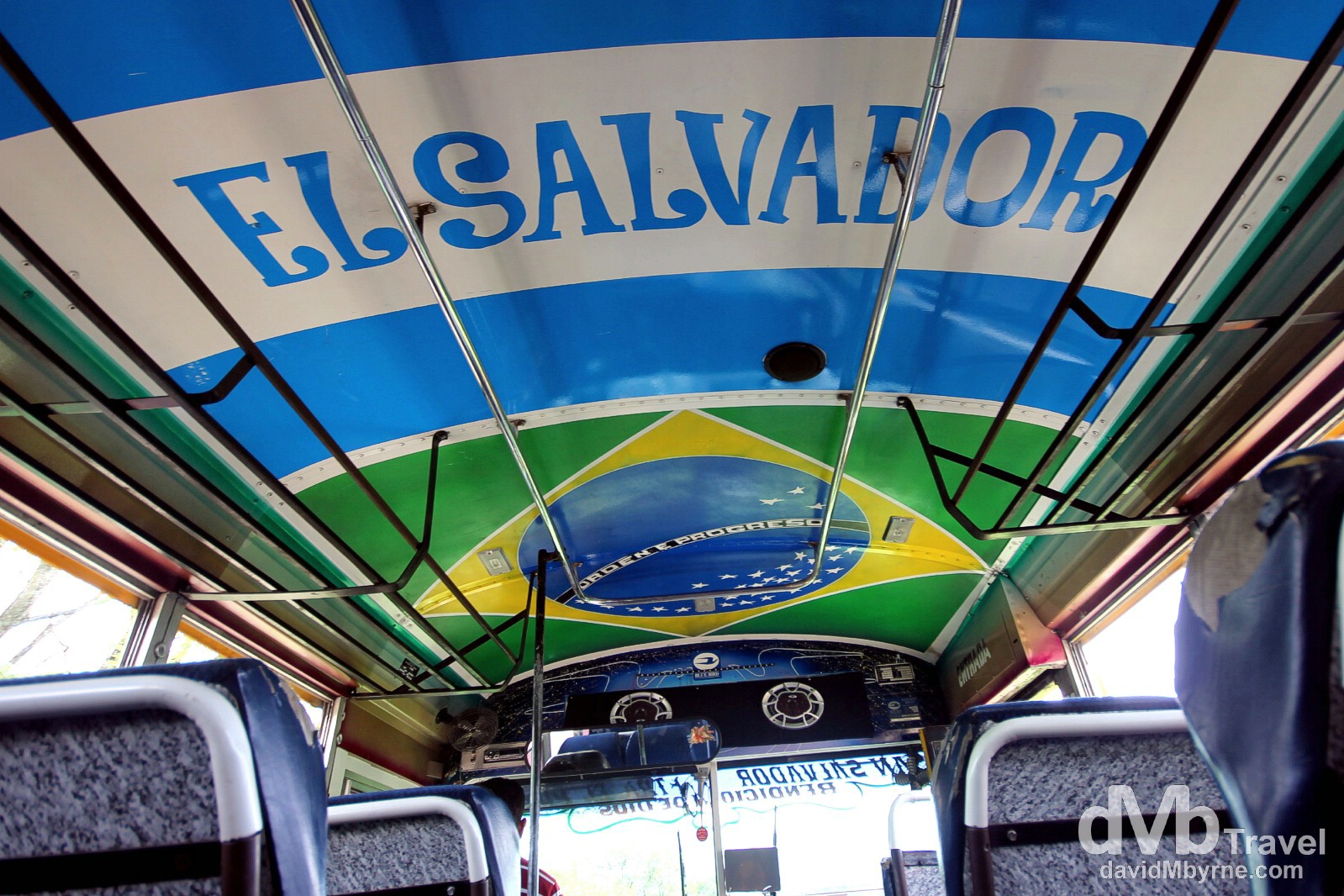 The last shot from El Salvador just before I walked across the border into Honduras. The inside of the bus featured in the above video sitting in the dusty bus depot at El Poy, the El Salvadorian border town with Honduras. El Poy, northern El Salvador, Central America. June 5th 2013.
