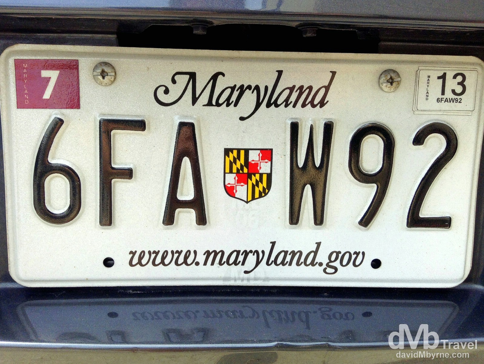 A licence plate on the streets of Baltimore, Maryland, USA. July 9th 2013.