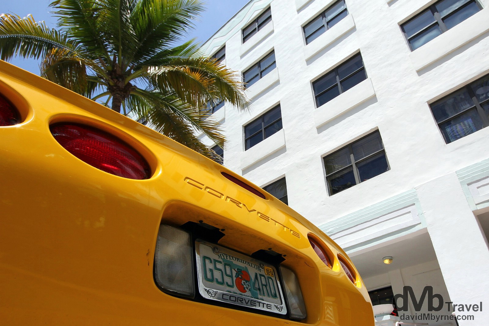 A corvette parked outside the Van Ness Hotel on Ocean Drive, South Beach, Miami, Florida, USA. July 8th 2013.
