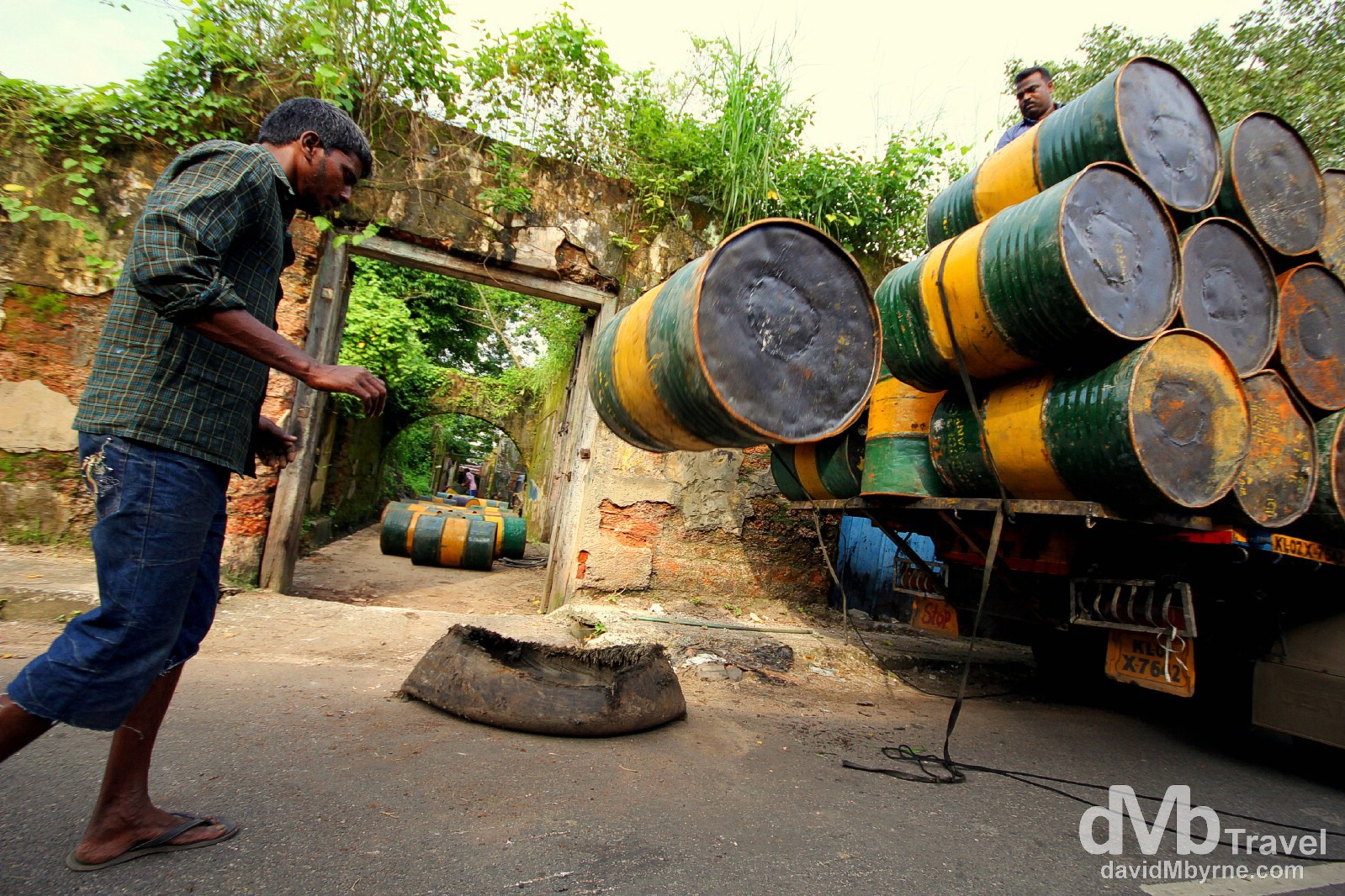 Unloading activities on Bazaar Road in Forth Cochin, Kerala, India. September 18th 2012.