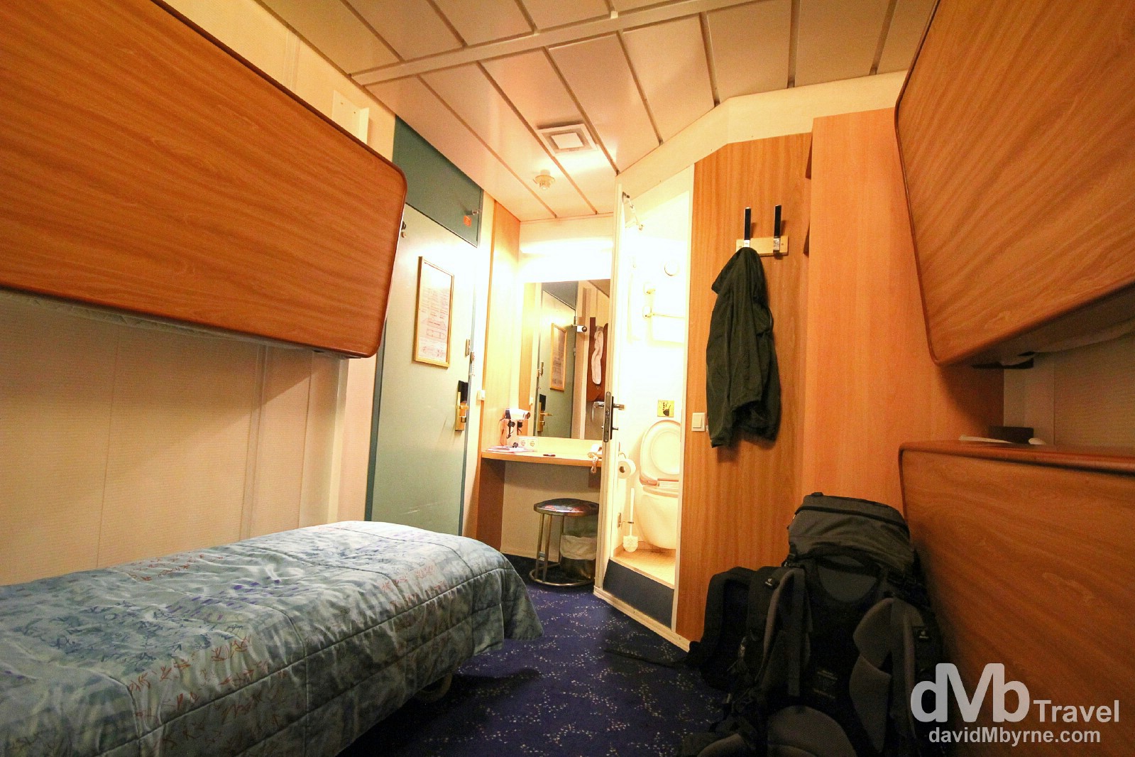 Male only cabin 2010 on deck 2 of the Silja Line Symphony. Room for 4 but made up only for 1 – me. On the ferry from Helsinki, Finland to Stockholm, Sweden. November 25th 2012.
