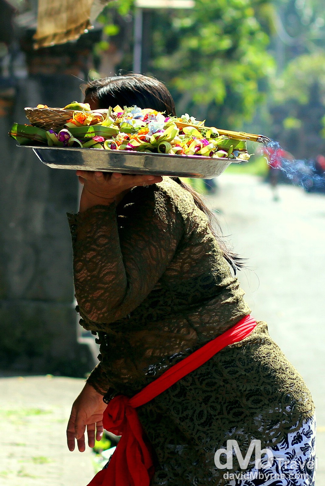 Entering a banjar (temple) with offerings in Singakerta, Ubud, Bali, Indonesia. June 16th 2012. 