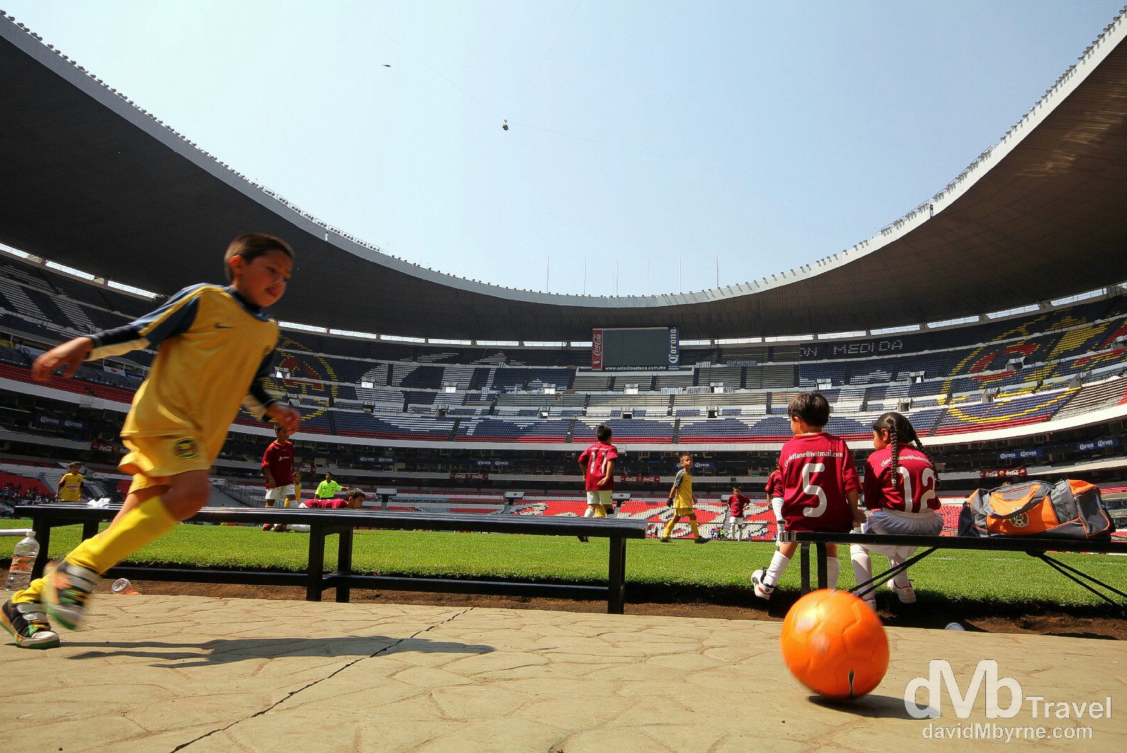 Kids playing soccer in the Estadio Azteca. I loved the tour I took of the Azteca Stadium but was amazed how small one of the biggest soccer stadiums in the world looked in person. TV really does make things look so much bigger. Estadio Azteca, Mexico City. April 28th 2013.