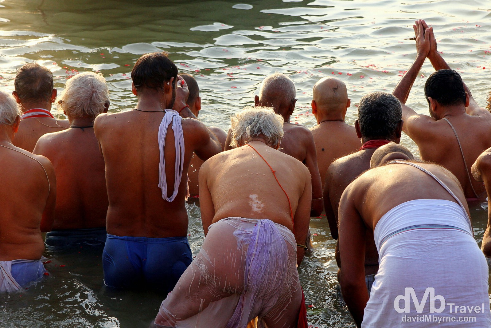 Early morning ritual bathing in the River Ganges by the Dashaswamedh Ghat in Varanasi, Uttar Pradesh, India. October 13th 2012.