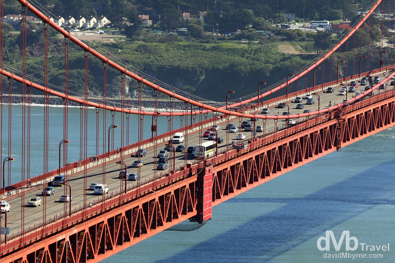 Traffic on the central span of the Golden Gate Bridge as seen from Battery Spencer, Marin Headlands, San Francisco, California, USA. April 9th 2013.