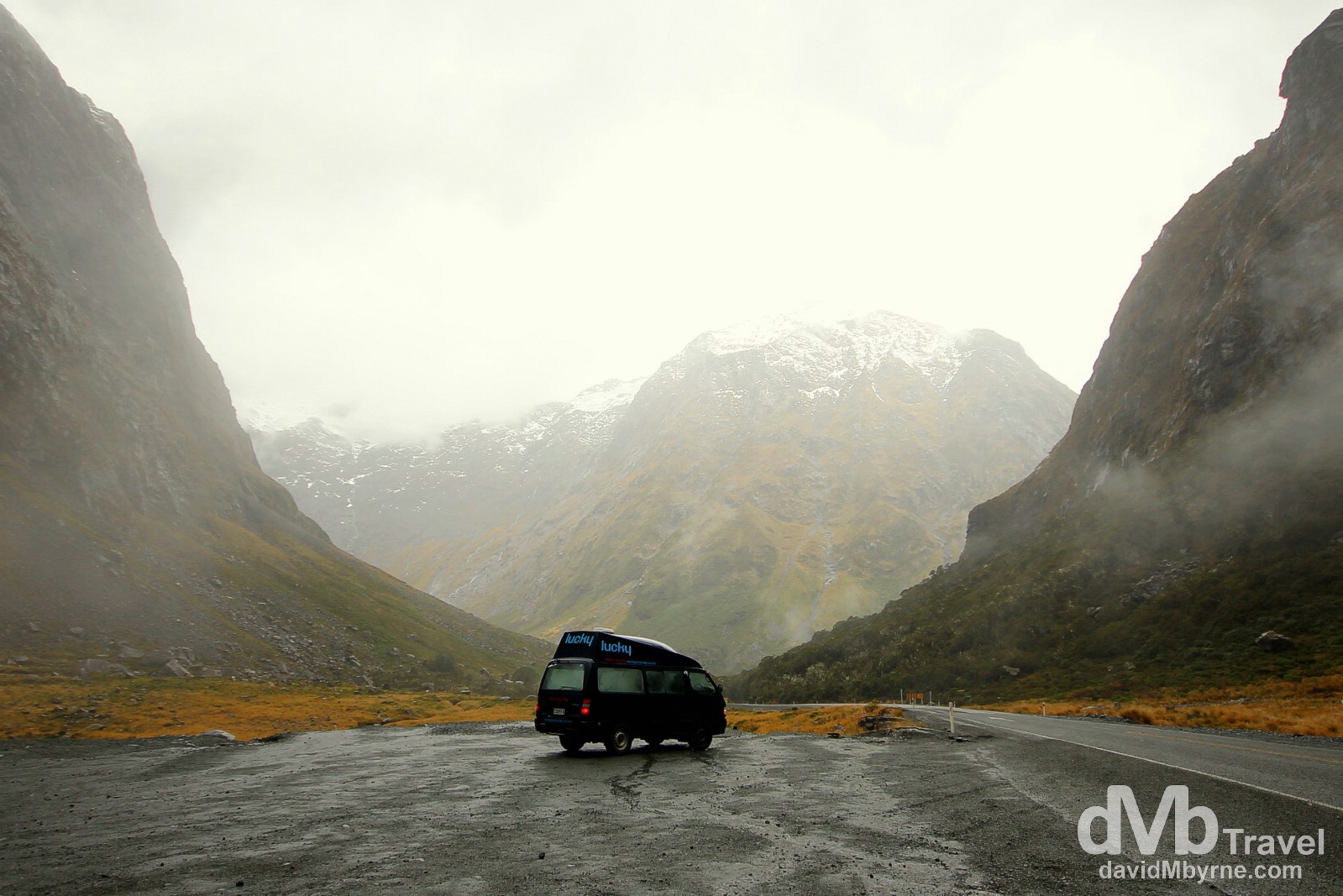 A camper van parked outside the eastern entrance to the Homer Tunnel in Fiordland, South Island, New Zealand. May 26th 2012.
