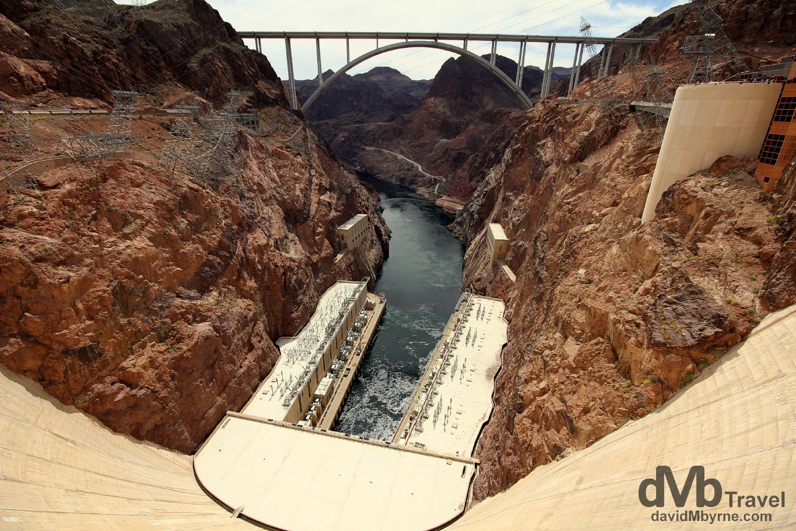 The new Mike O’Callaghan-Pat Tillman Memorial Bridge spanning the Black Canyon as seen from the apex of the Hoover Dam on the Nevada (right) & Arizona (left) border, USA. April 6th 2013.