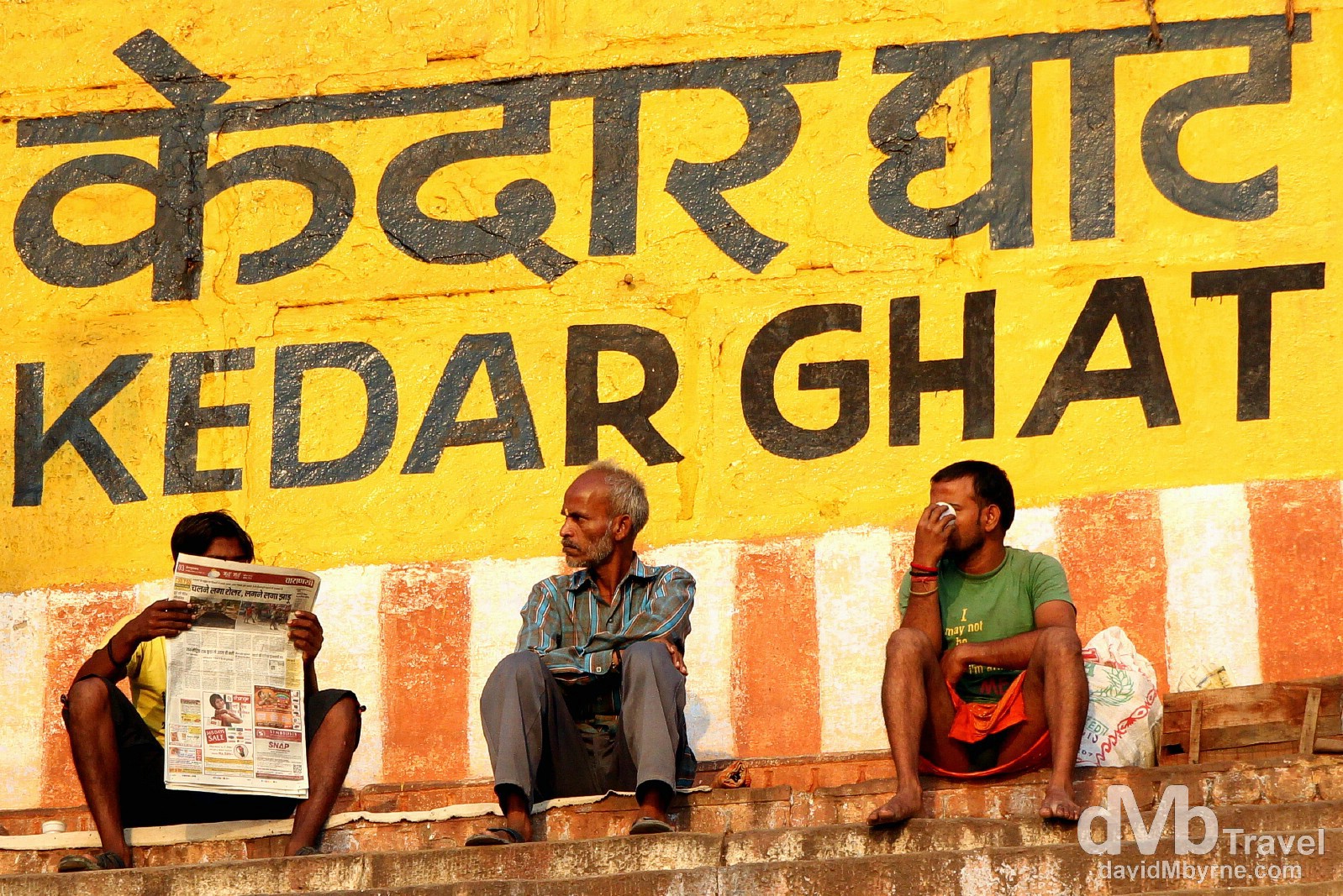 Sitting by the Kedar Ghat by the River Ganges in Varanasi, Uttar Pradesh, India. October 14th 2012.