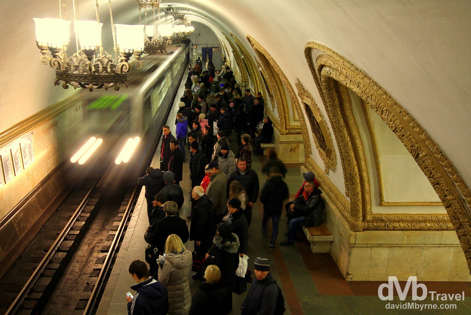 A train entering Kievskaya Metro Station of the Moscow Metro system, Moscow, Russia. November 20th 2012.