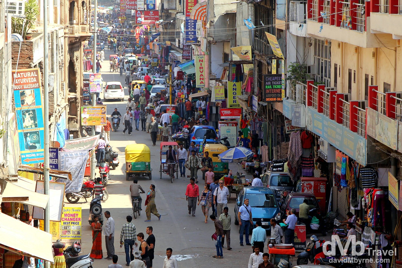 A view down the Main Bazaar in the traveller hangout of Paharganj in Old Delhi, Delhi, India. October 8th 2012.