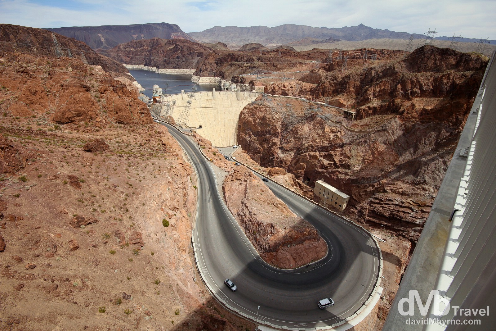 Traffic below the new Mike O’Callaghan-Pat Tillman Memorial Bridge spanning Black Canyon on the Nevada & Arizona border, USA. April 6th 2013.
