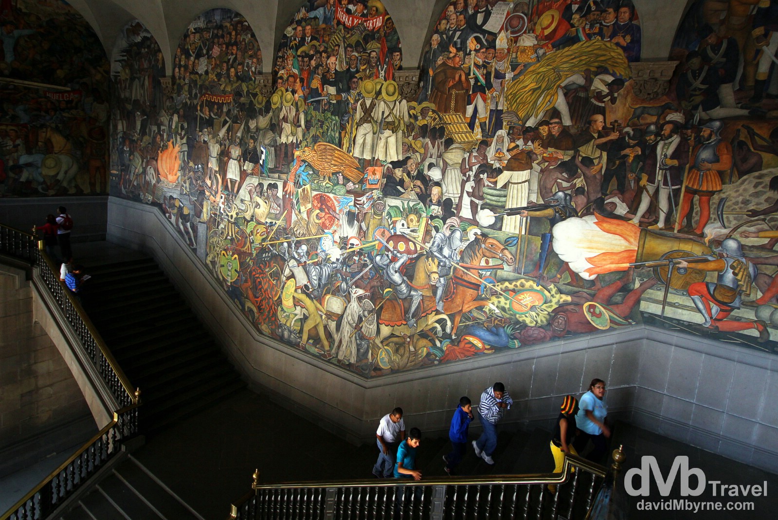 Murals from Diego Rivera, one of Mexico’s most famous artists of recent years, adorn the main staircase of the Palacio Nacional (The National Palace), the home of the offices of the Mexican President (Rivera murals can be found in numerous other buildings in the city). Centro Historico, Mexico City. April 28th 2013.