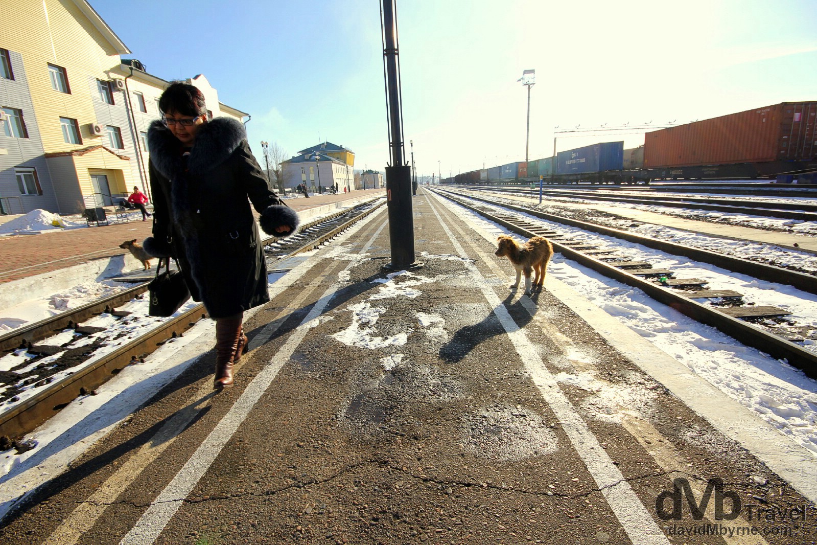 On the platform of Naushki train station, the first stop in Russia on the east to west bound Trans Siberian route.  Naushki, Russia. November 5th 2012. 