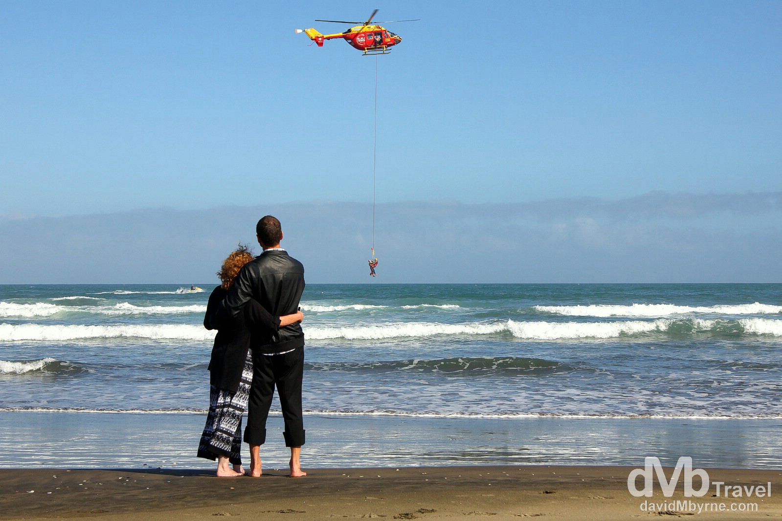 Coastguard rescue drills off the black sand Muriwai Beach, North Island, New Zealand. April 27th 2012.