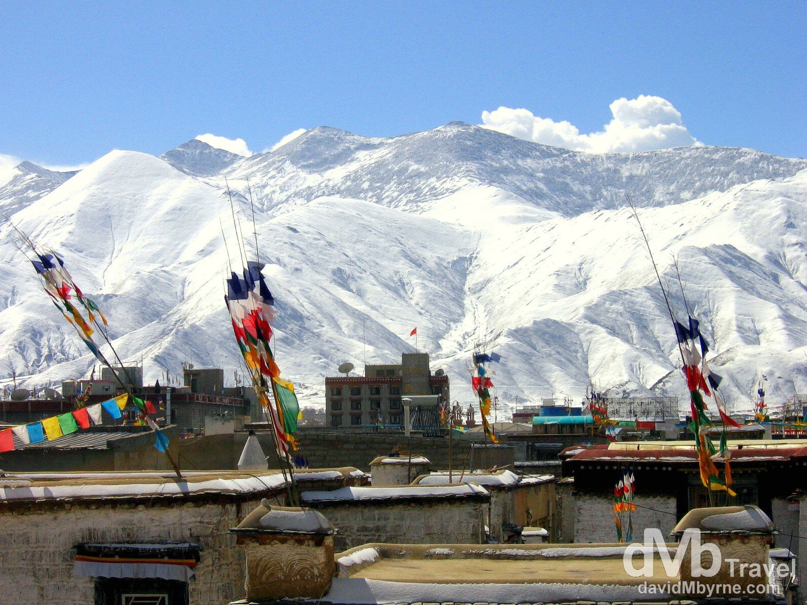 The view of the surrounding Himalaya Mountains from the rooftop of the Jokhang Temple, Lhasa, Tibet. February 27th 2008.