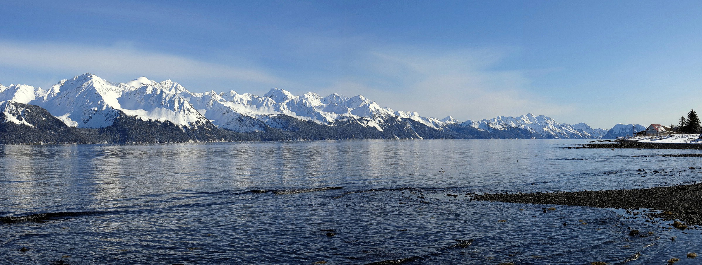 A panorama from the edge of Resurrection Bay, Lowell Point, Kenai Peninsula, Alaska, USA. March 13th 2013.