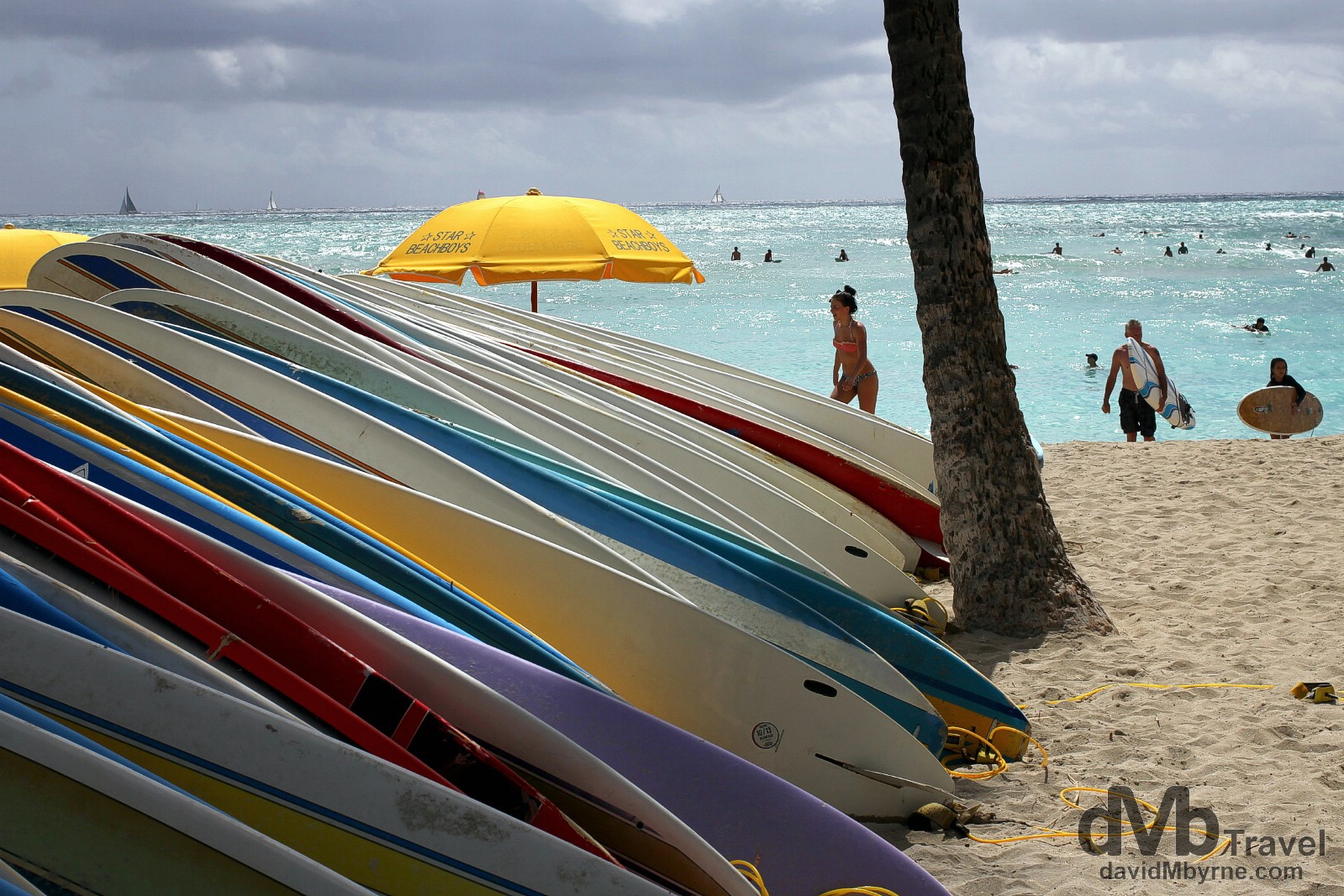 Surfboards lined up on a section of Waikiki Beach, Oahu, Hawaii, USA. March 9th 2013.
