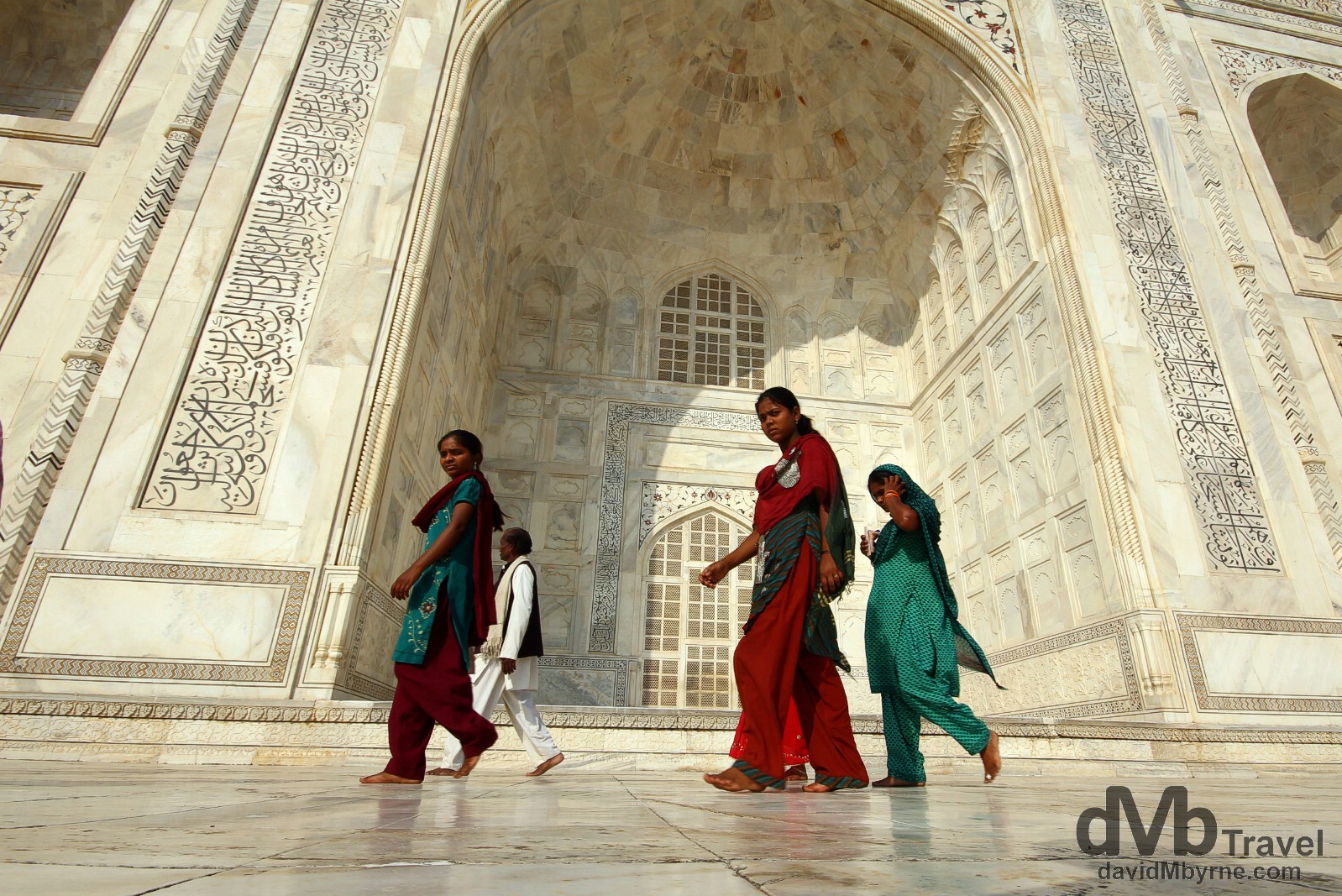 Walking on the raised marble platform surrounding the Taj Mahal in Agra, Uttar Pradesh, India. October 11th 2012.