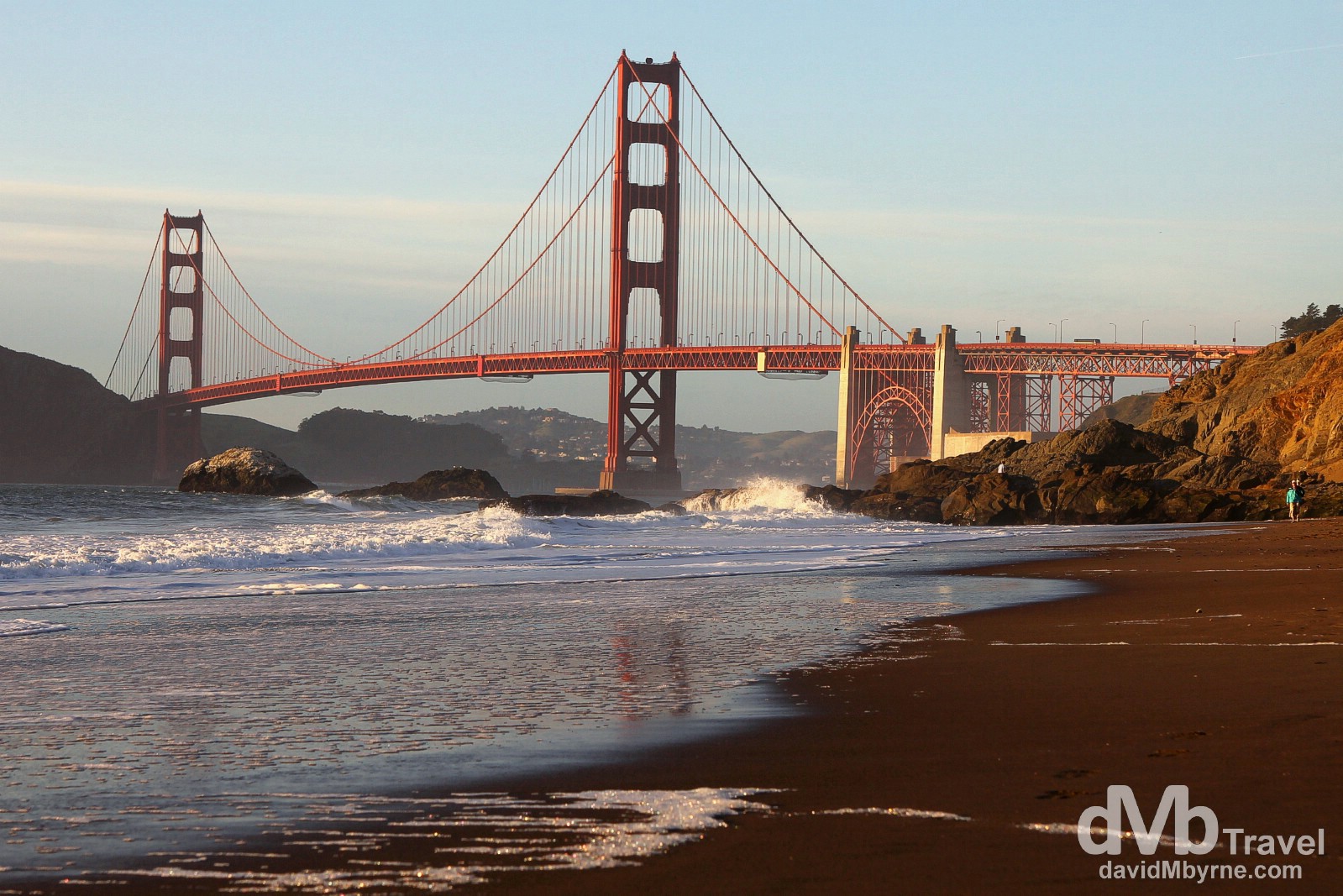The Golden Gate Bridge as seen from Baker Beach nearing sunset, San Francisco, California, USA. April 10th 2013.
