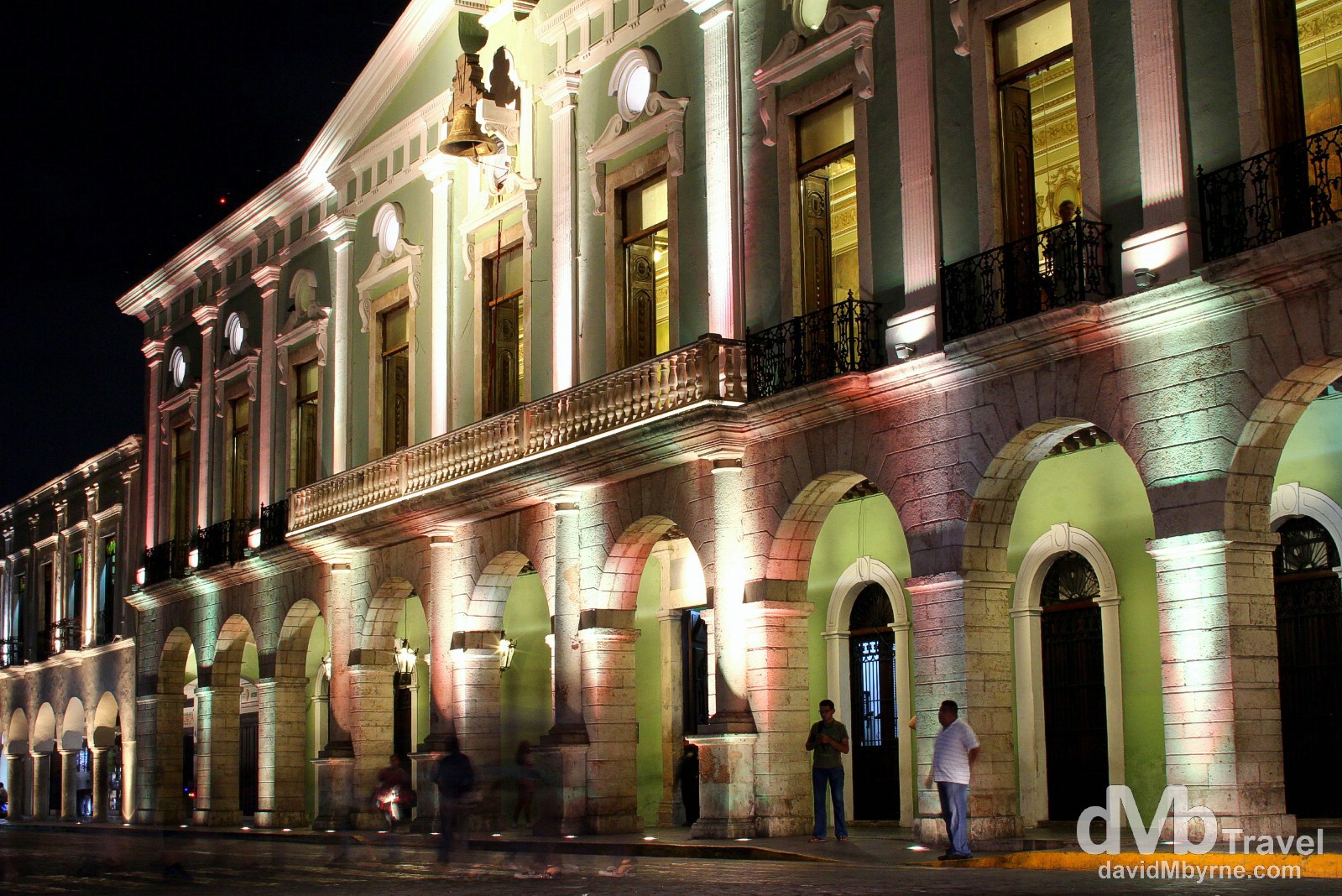 The Palacio de Gobierno on the north side of the plaza illuminated at night. It was built in 1892 on the site of the palace of the colonial governors but today houses the state of Yucatan’s executive government offices. Merida, Yucatan Peninsula, Mexico. May 1st 2013. 