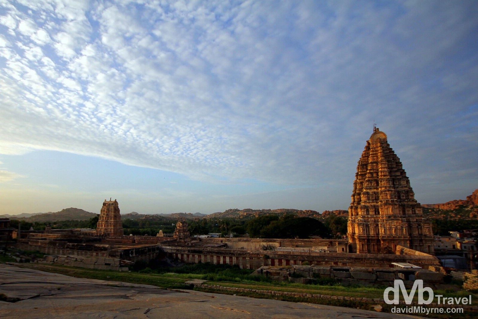 The Virupaksha temple complex as seen from Hemakuta Hill near sunset. Hampi, Karnataka, India. September 23rd 2012.