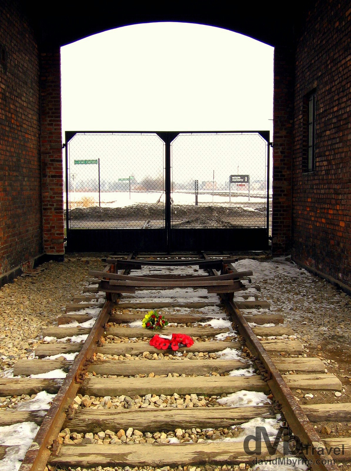 Two small bouquets on the tracks at the entrance to the Birkenau Concentration Camp, Brzezinka, Poland. March 7th 2006.