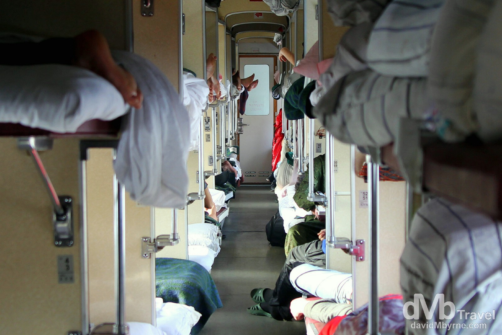 Inside a Russian third class, or platzkart, carriage en route from Irkutsk to Tomsk, Siberian Russia. November 10th 2012. 