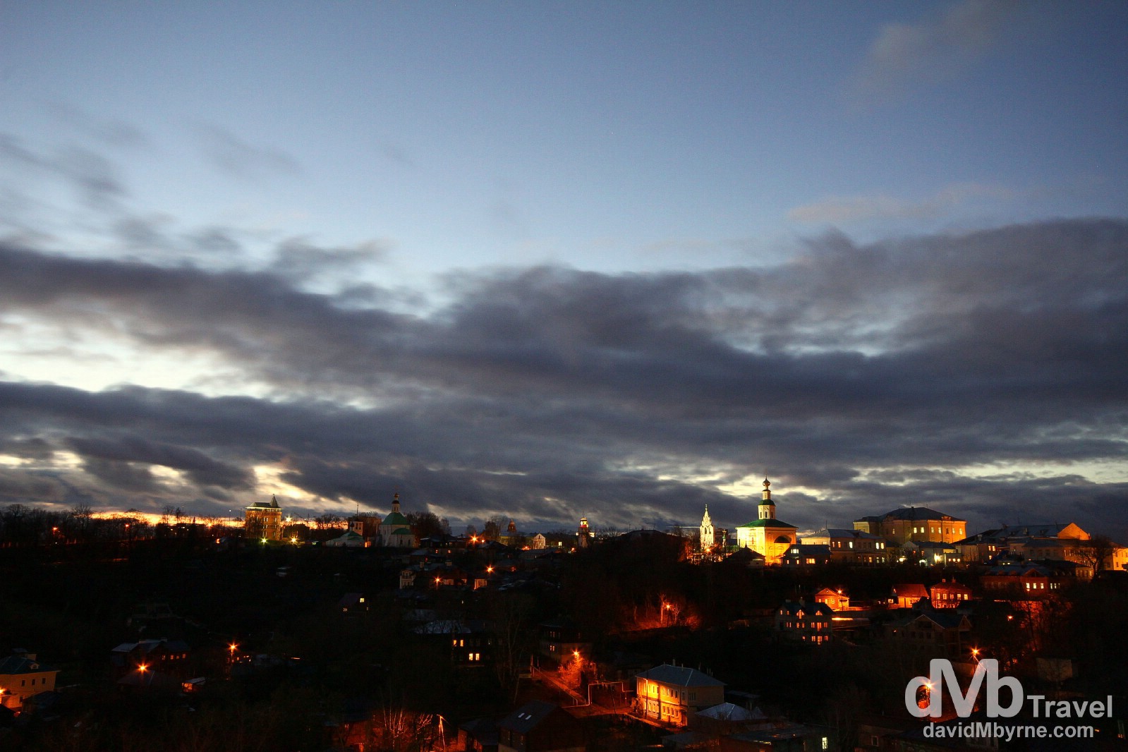 Churches dot the hills of Vladimir in a picture taken shortly after sunset. Vladimir, Russia. November 16th 2012.