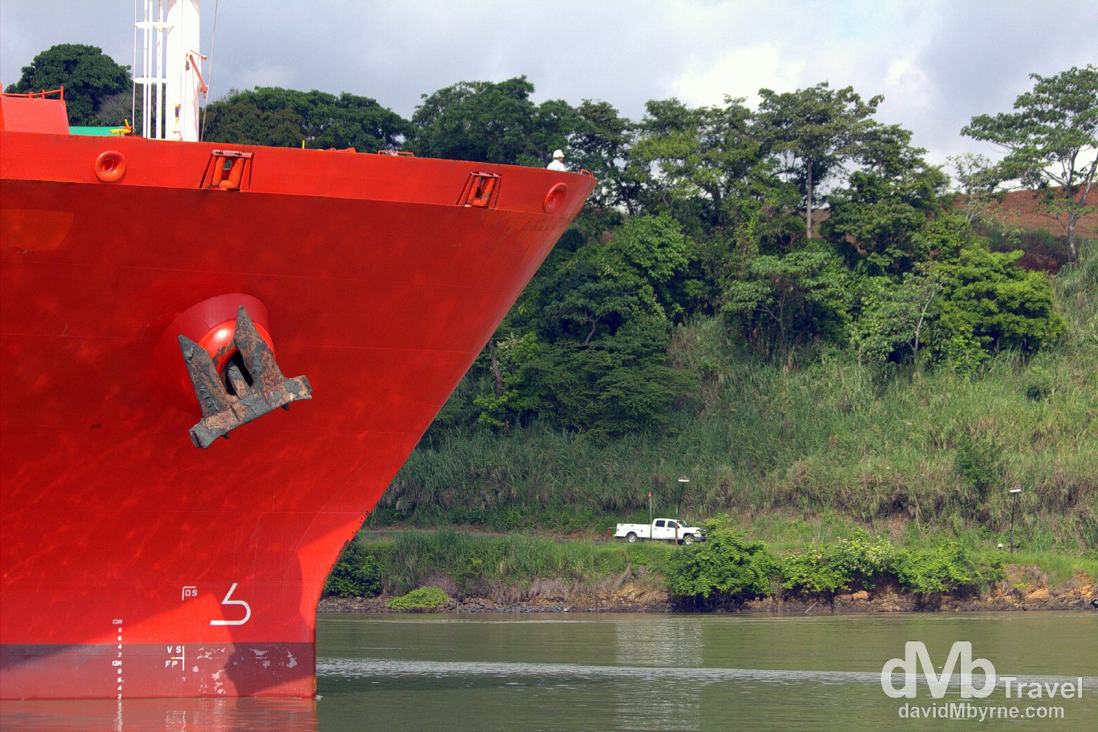 A cargo ship on the final approach to the Miraflores Locks of the Panama Canal, Panama. July 1st 2013.