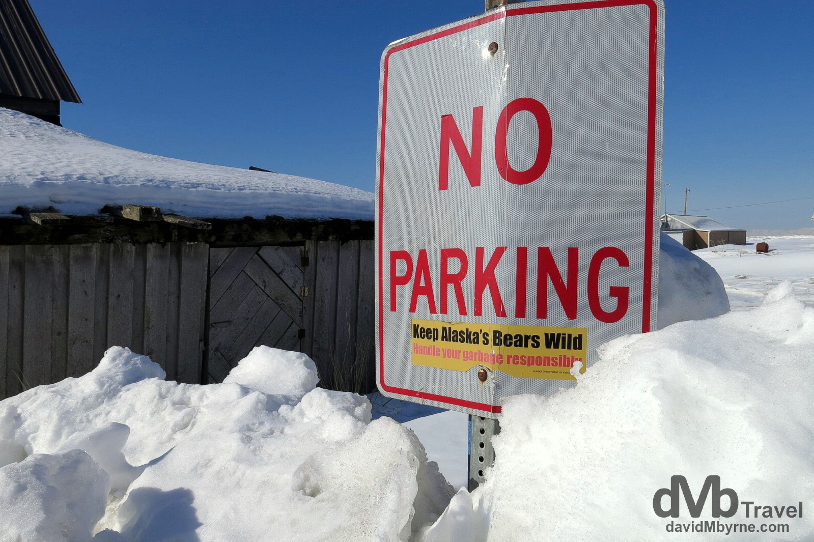 A No Parking sign in the village of Ninilchik on the Kenai Peninsula, Alaska, USA. March 18th 2013.