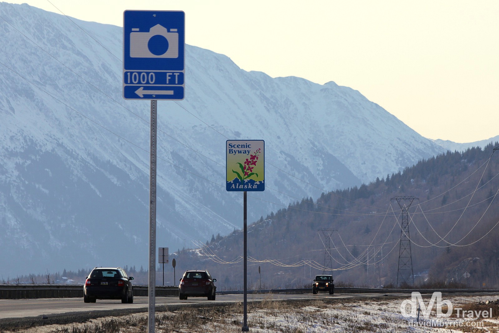Roadside signage proves advanced warning for upcoming scenic viewpoints. I must have hit most of these scenic vista points while driving both the Seward & Sterling Highways on Alaska's Kenai Peninsula. This particular sign is on the Seward Highway not too far from Anchorage. Alaska, USA. March 18th 2013.
