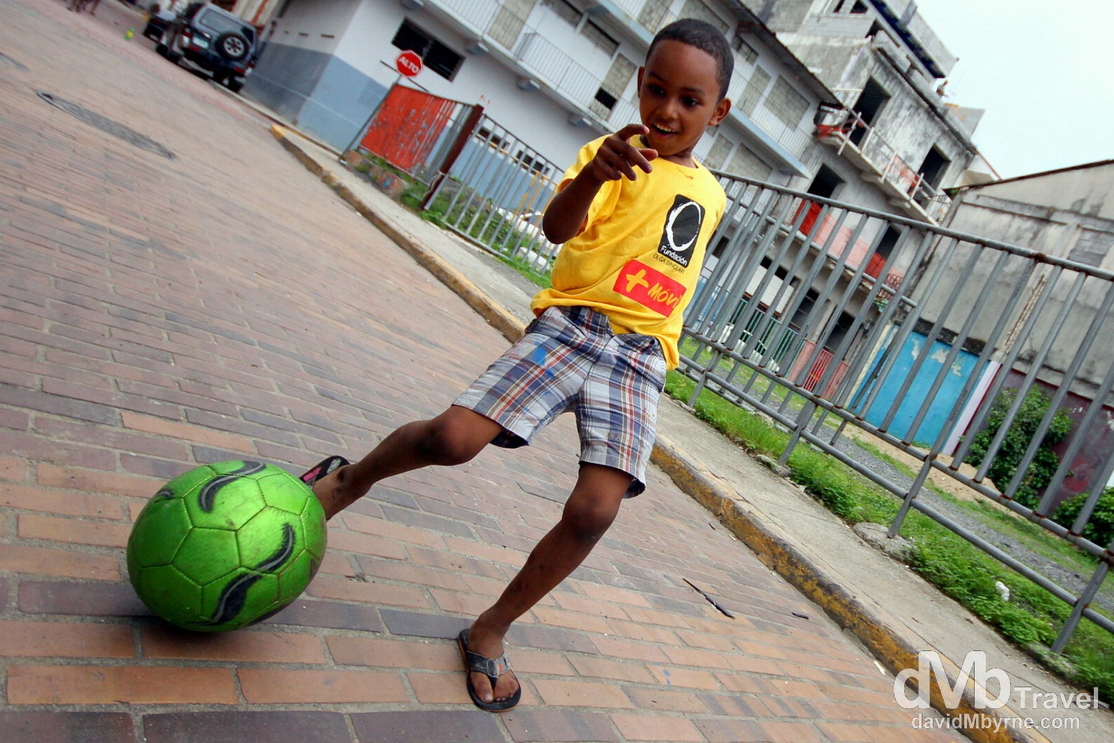 Soccer on the streets of Casco Viejo, Panama City, Panama. July 1st 2013.