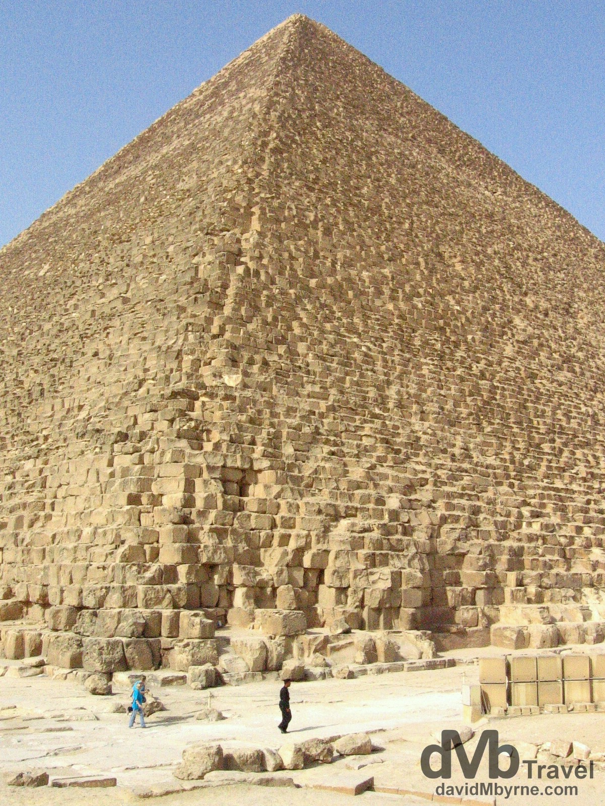 At the base of The Great Pyramid of Khufu on The Giza Plateau, Giza, Egypt. April 13, 2008.