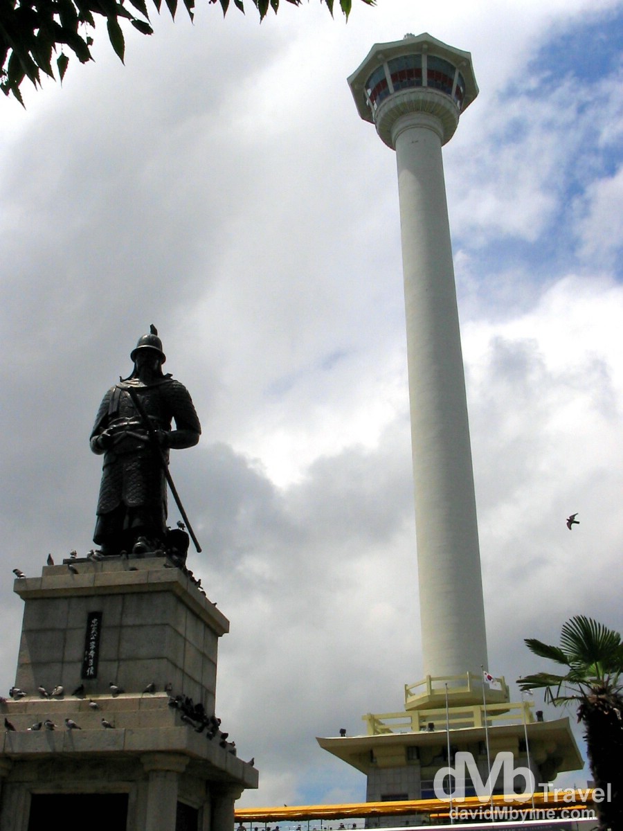 The Admiral Yi Sun-shin statue & Busan Tower in Yongdusan Park, Busan, South Korea. July 19th 2004 