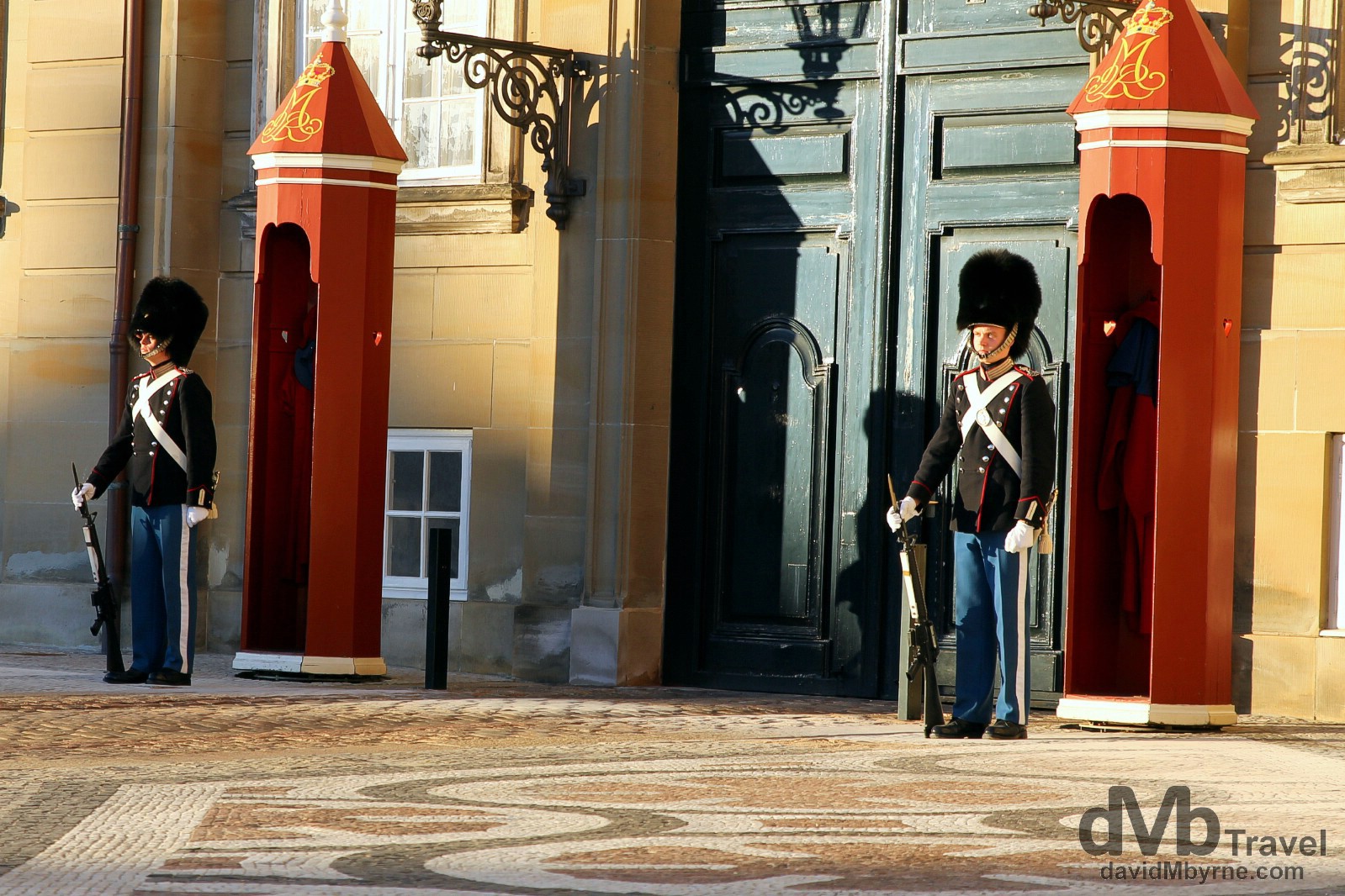 Guards outside Amalienborg, the winter residence of the Danish Royal family, in Copenhagen, Denmark. March 12th, 2014.