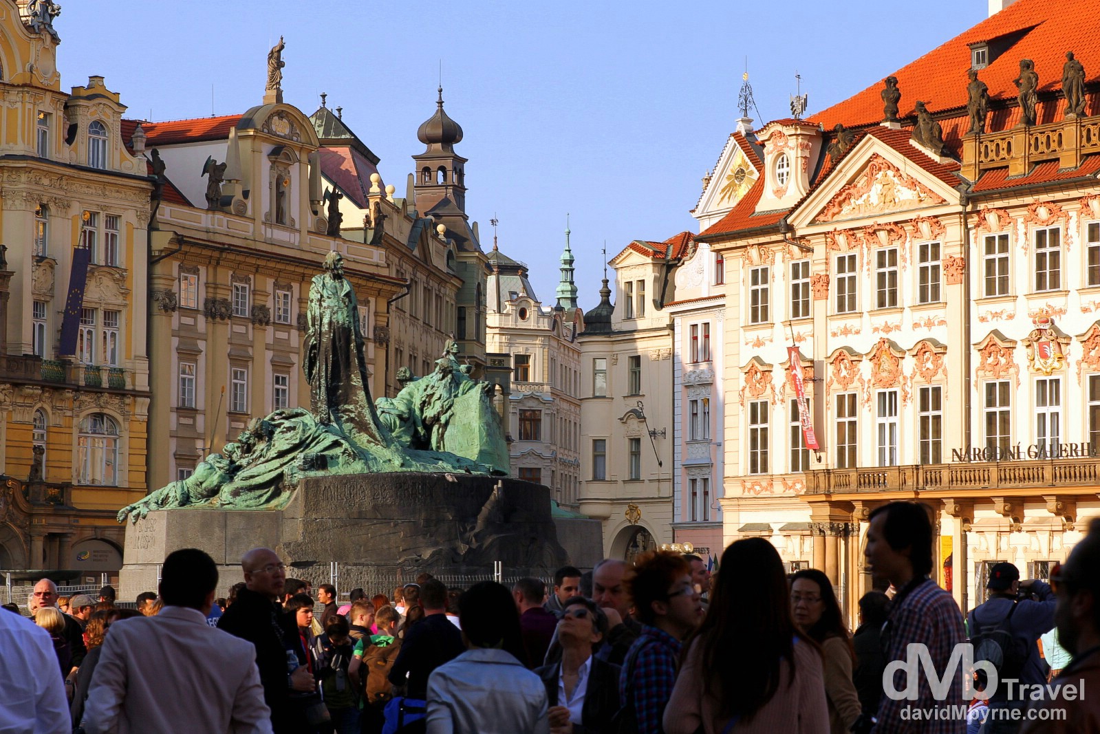 The Jan Hus statue, & loads of people, in Old Town Square, Prague, Czech Republic. March 30th, 2014.