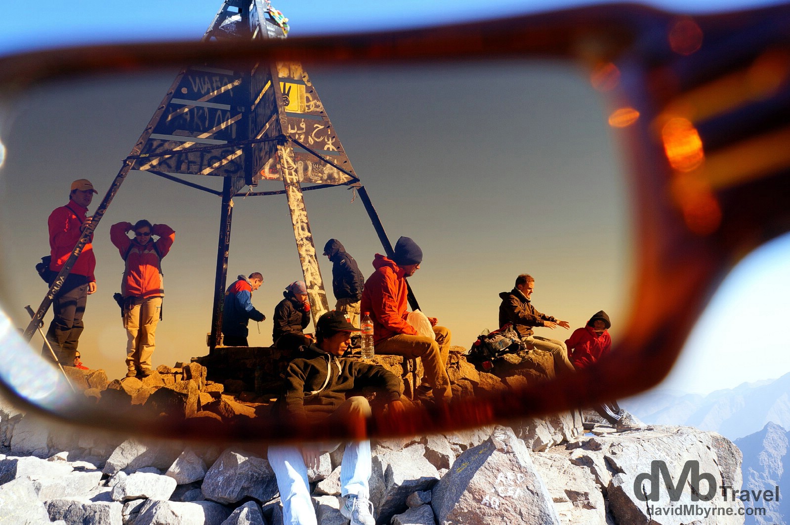 Trekkers at the 4,176-metre summit of Jebel Toubkal, the highest point in Northern Africa. Jebel Toubkal, High Atlas, central Morocco. May 12th, 2014.