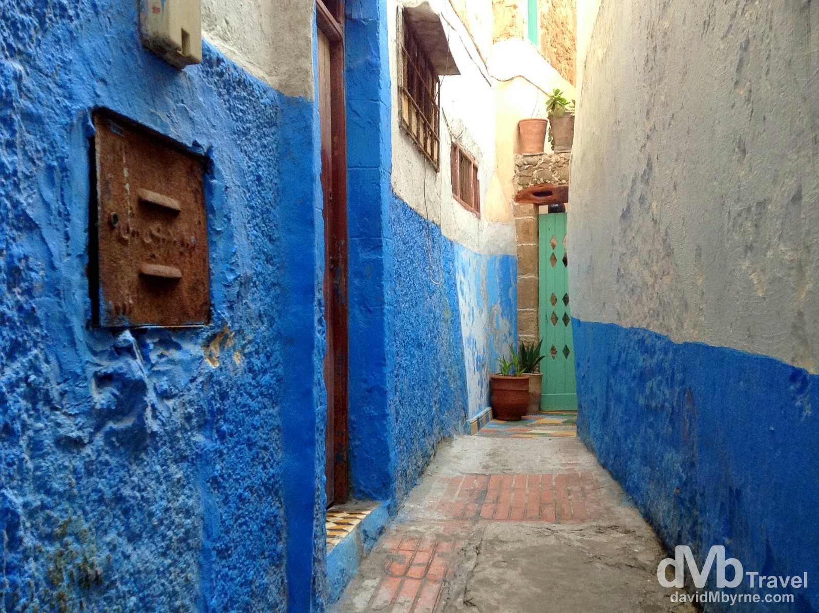 Tight residential lane in the medina of Essaouira, Morocco. May 2nd, 2014.