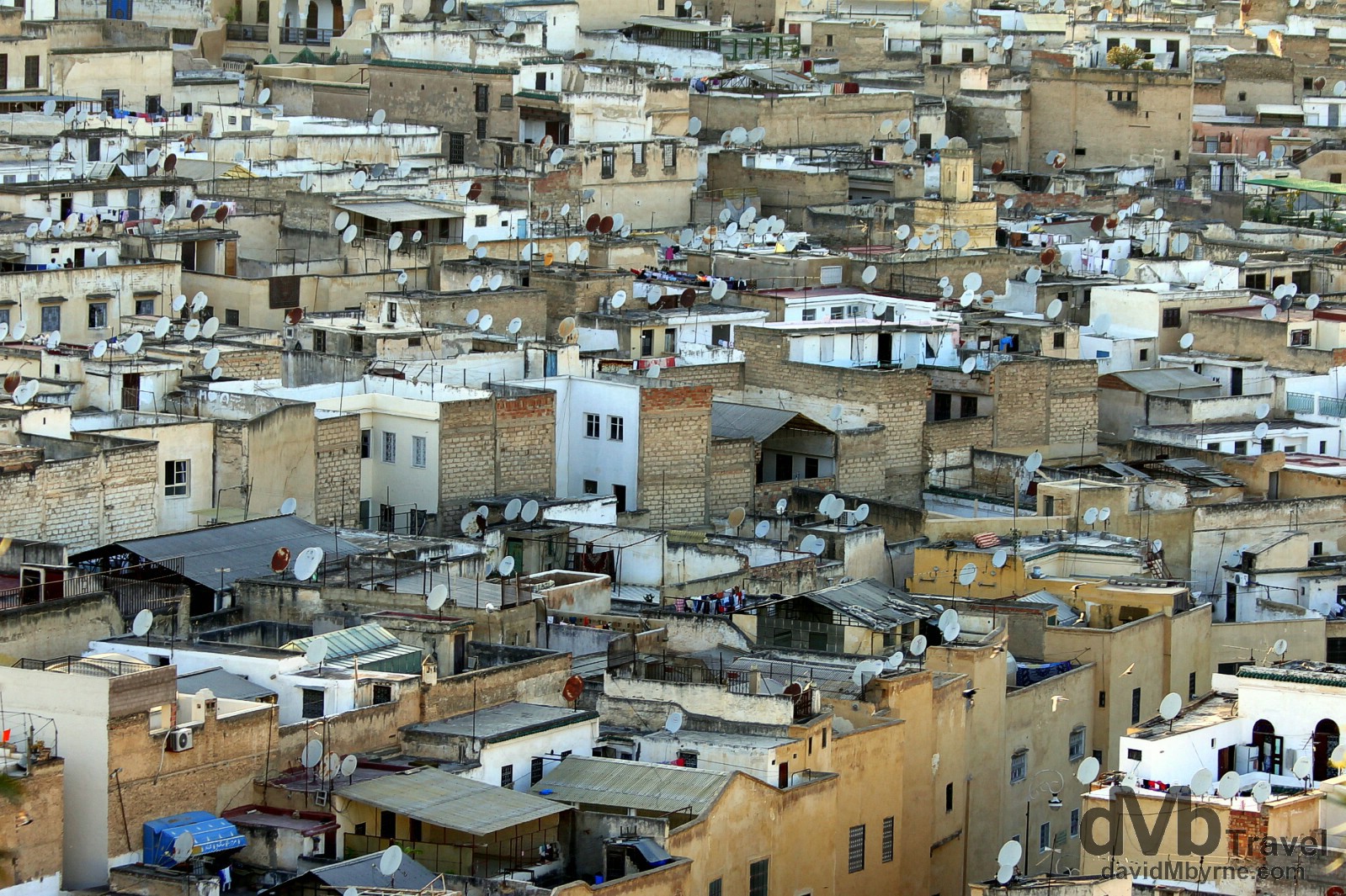 Contrast - satellite dishes on the roofs of a section of the ancient medina of Fes el Bali (Old Fes) as seen from Borj Sud (South Tower) in Fez, Morocco. May 27th, 2014.