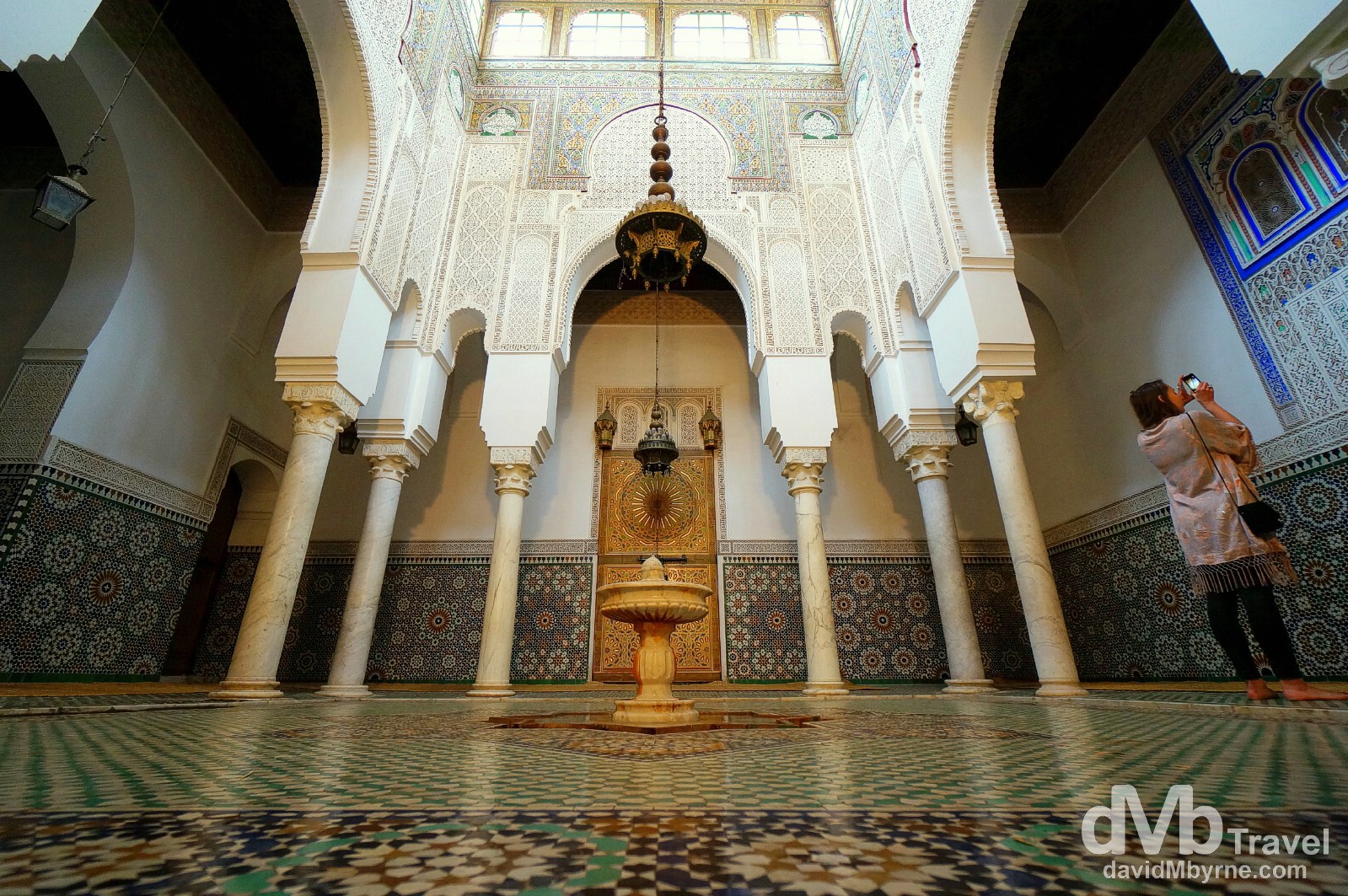 A section of the stunning tomb hall of the Moulay Ismail Mausoleum showcasing the best of Moroccan craftsmanship. Meknes, Morocco. May 24th, 2014.