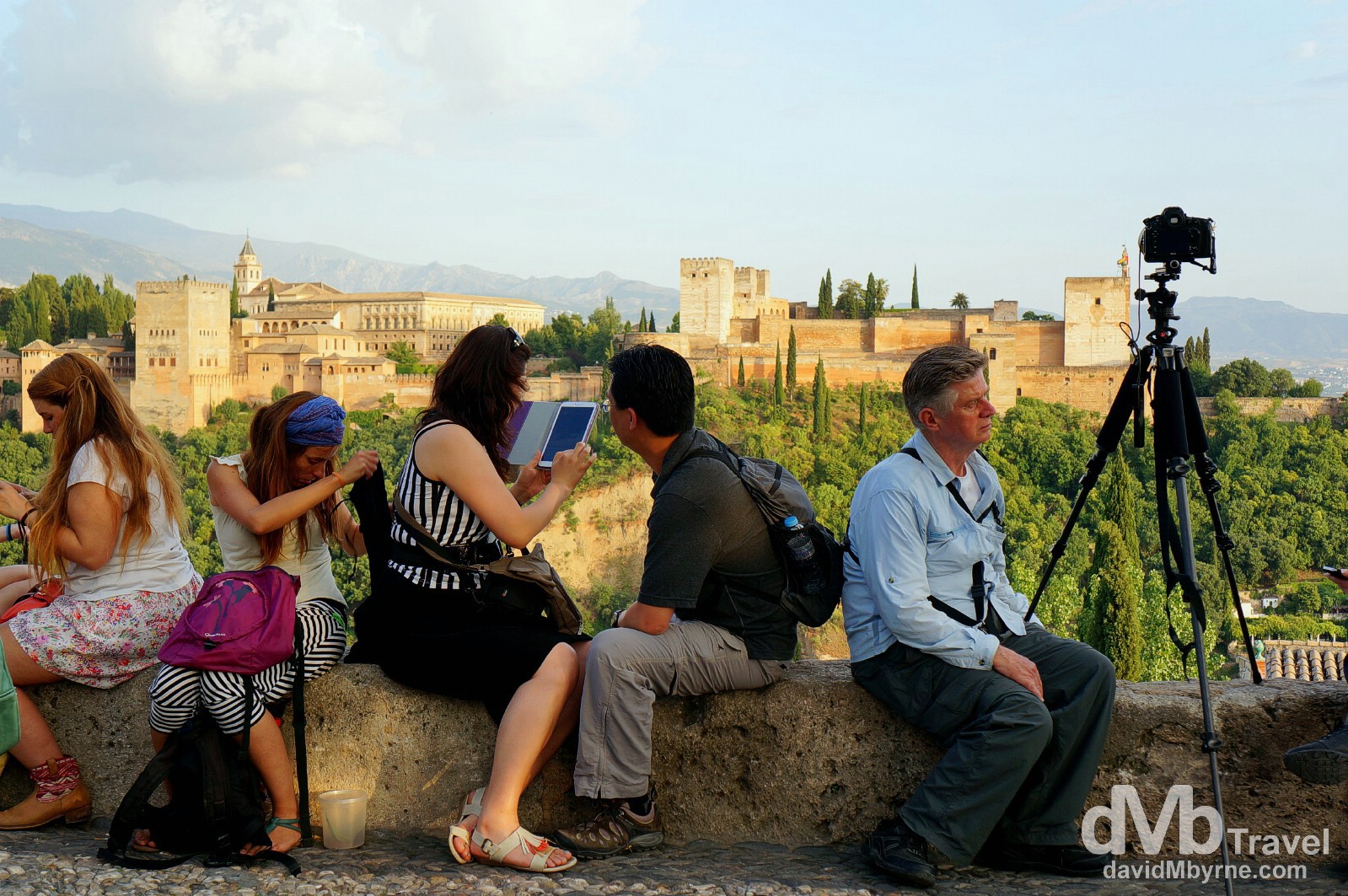 Viewing the Alhambra at sunset from the Mirador (Gazebo) San Nicolas in Granada, Andalusia, Spain. June 11th 2014.