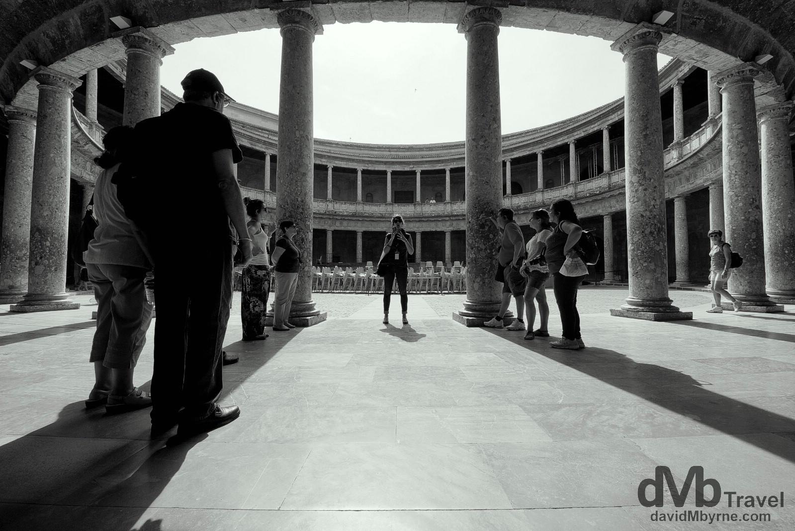 Tour group shadows in Palacio de Carlos V in the Alhambra in Granada, Andalusia, Spain. June 11th, 2014.
