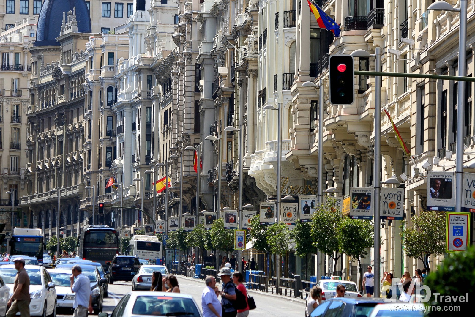 Buildings lining Gran Via in Madrid, Spain. June 14th, 2014.