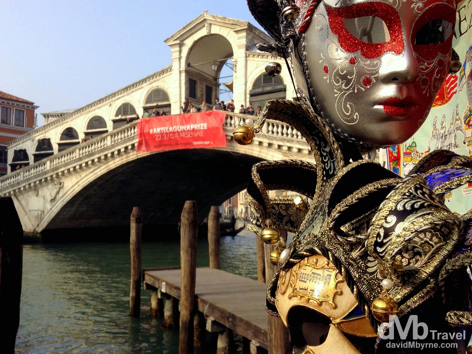 Decorative carnival masks by the Rialto Bridge in Venice, Veneto, Italy. March 19th, 2014.
