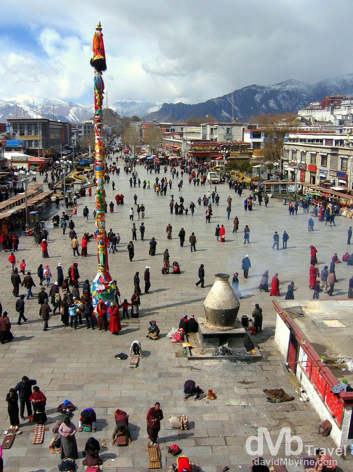 Barkhor Square as seen from the roof of the Jokhang Temple, Lhasa, Tibet. February 27th, 2008.