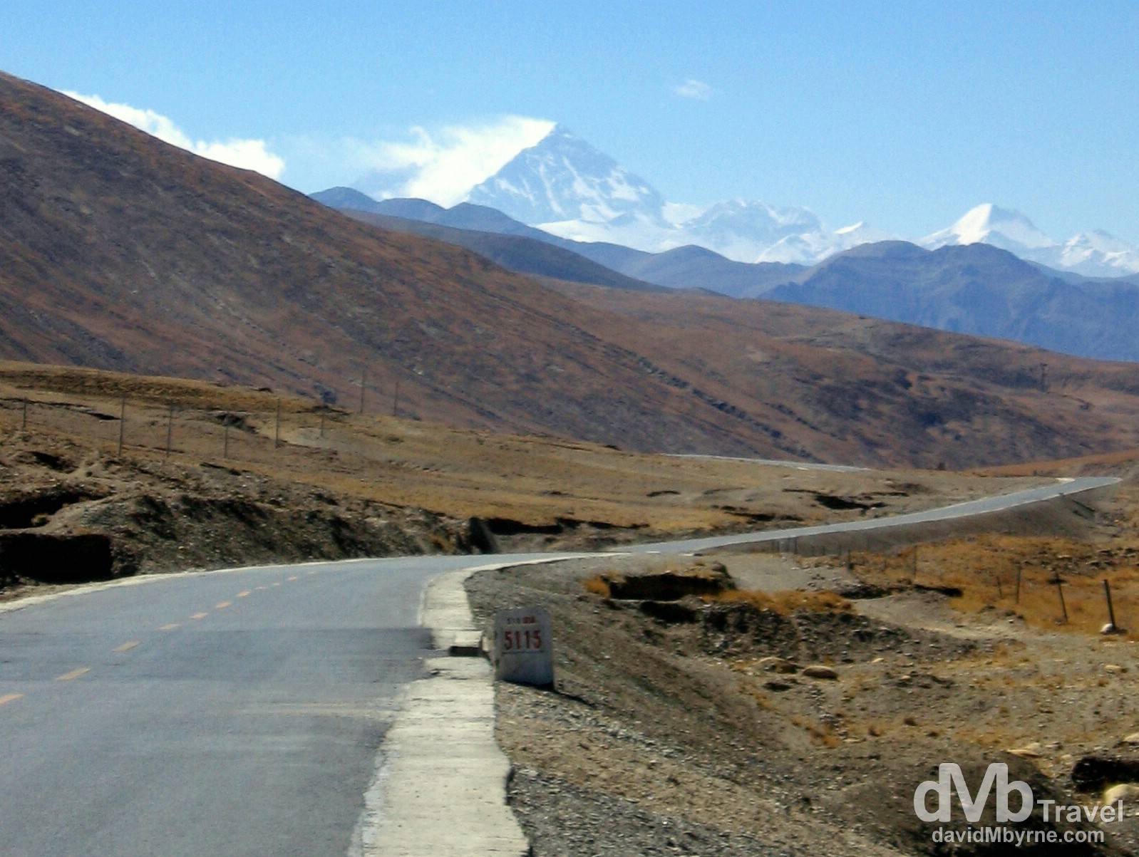 First look at Everest from the 5115 kilometre marker (distance from Shanghai) on The Friendship Highway, Tibet. March 2nd, 2008.