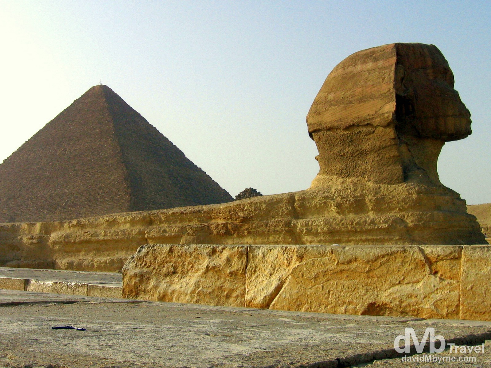 The Sphinx with the Great Pyramid of Khufu on the Giza Plateau, Giza, Egypt. April 13, 2008.